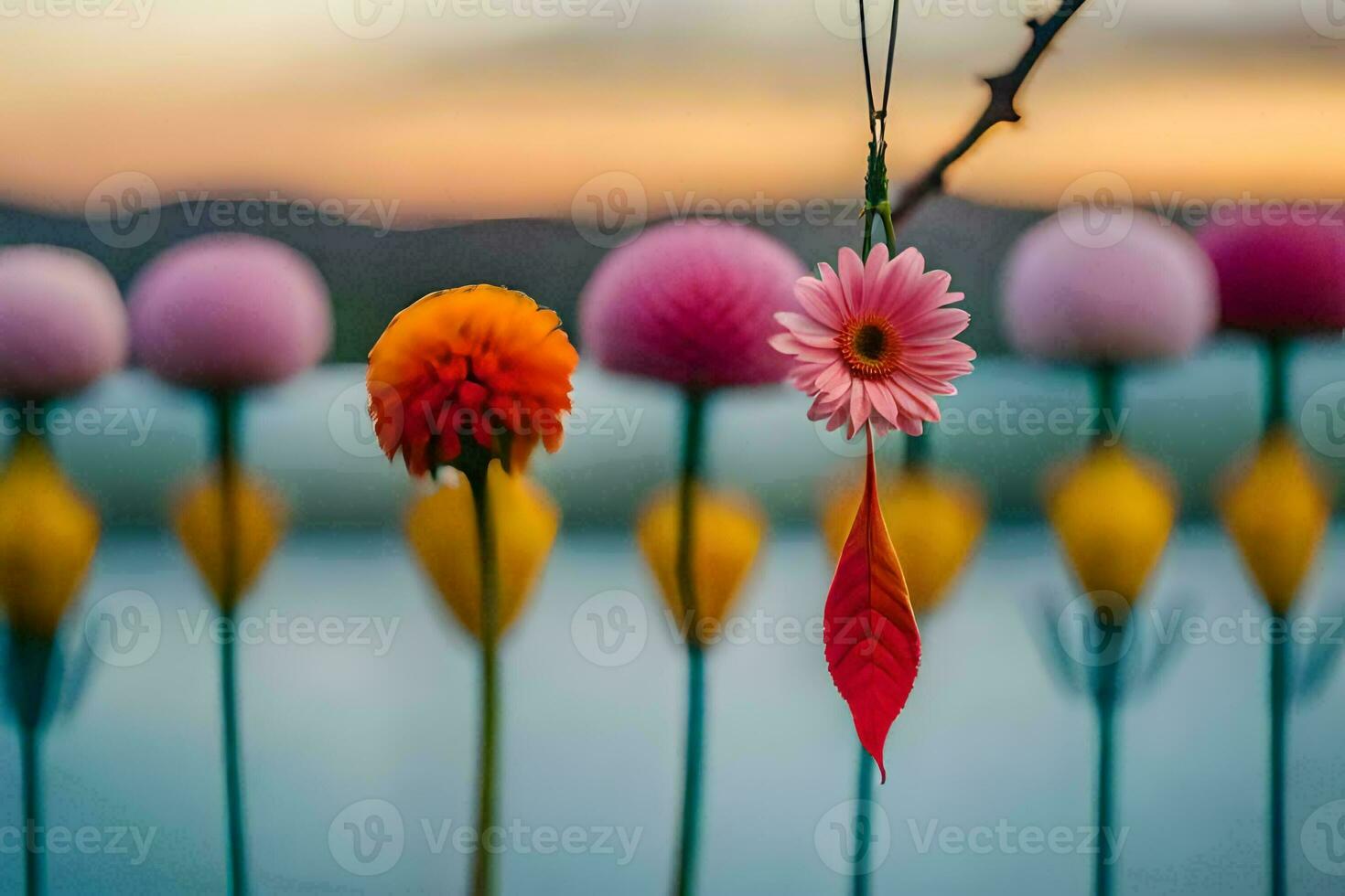 colorful flowers are hanging from a fence. AI-Generated photo