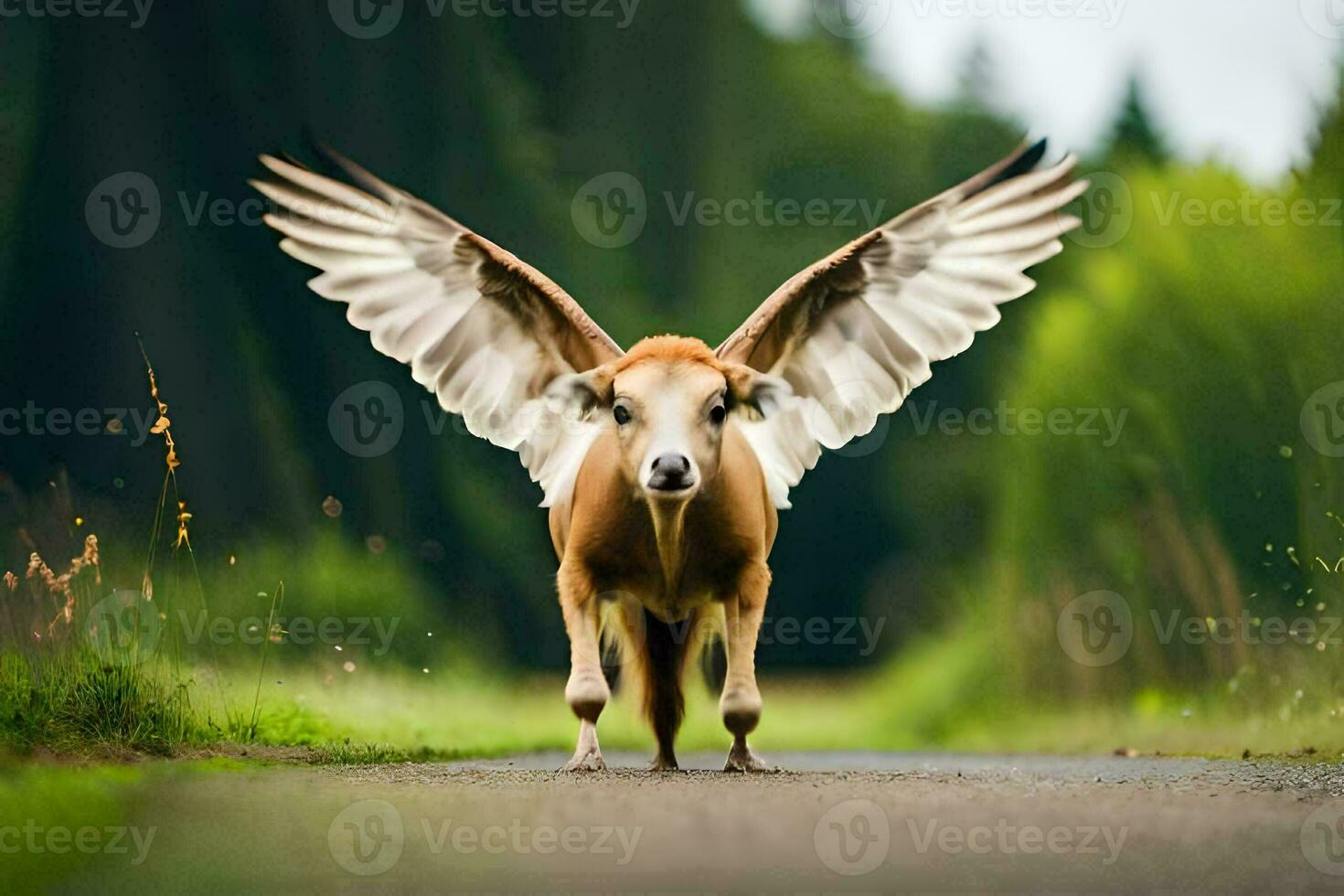 a cow with wings spread out on the road. AI-Generated photo