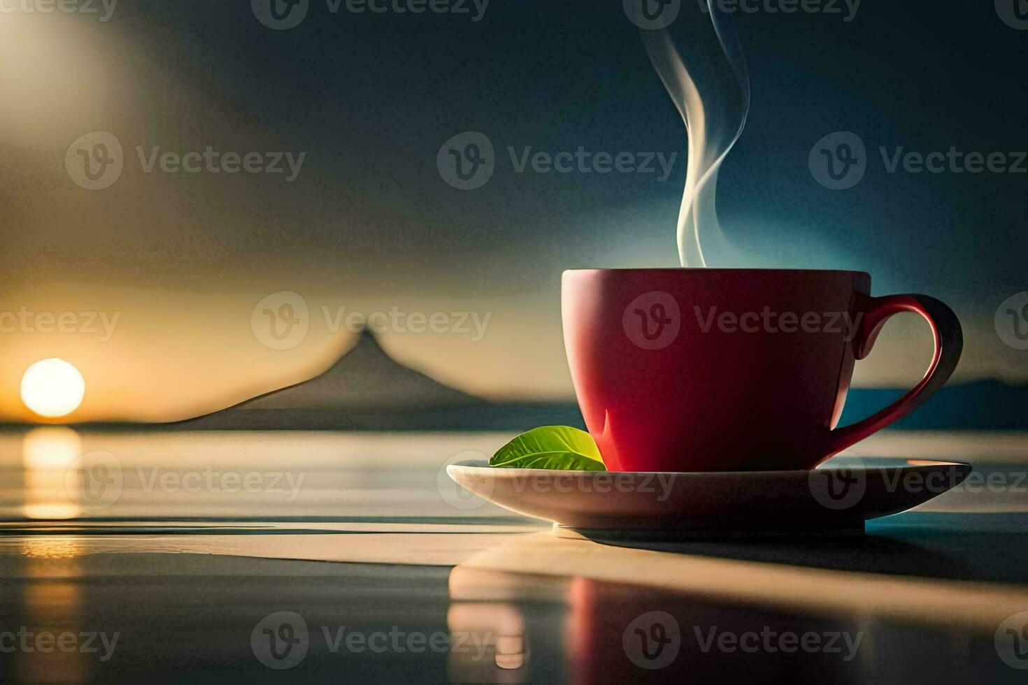 a cup of coffee on a table with a view of the sunset. AI-Generated photo
