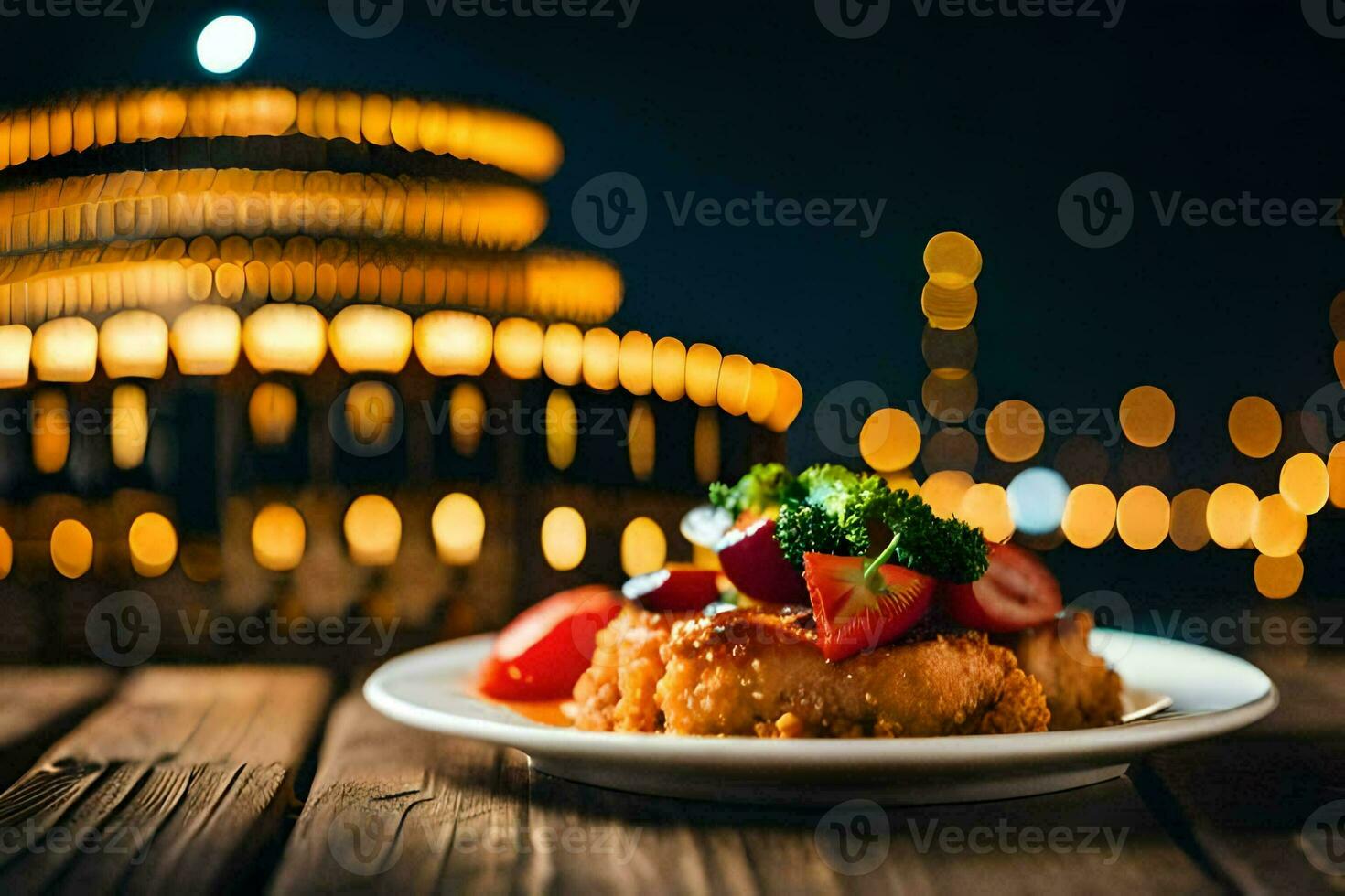 a plate of food on a table in front of a building. AI-Generated photo