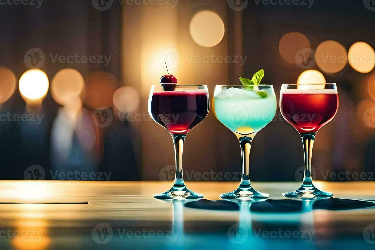 three glasses of different colored drinks on a table. AI-Generated photo