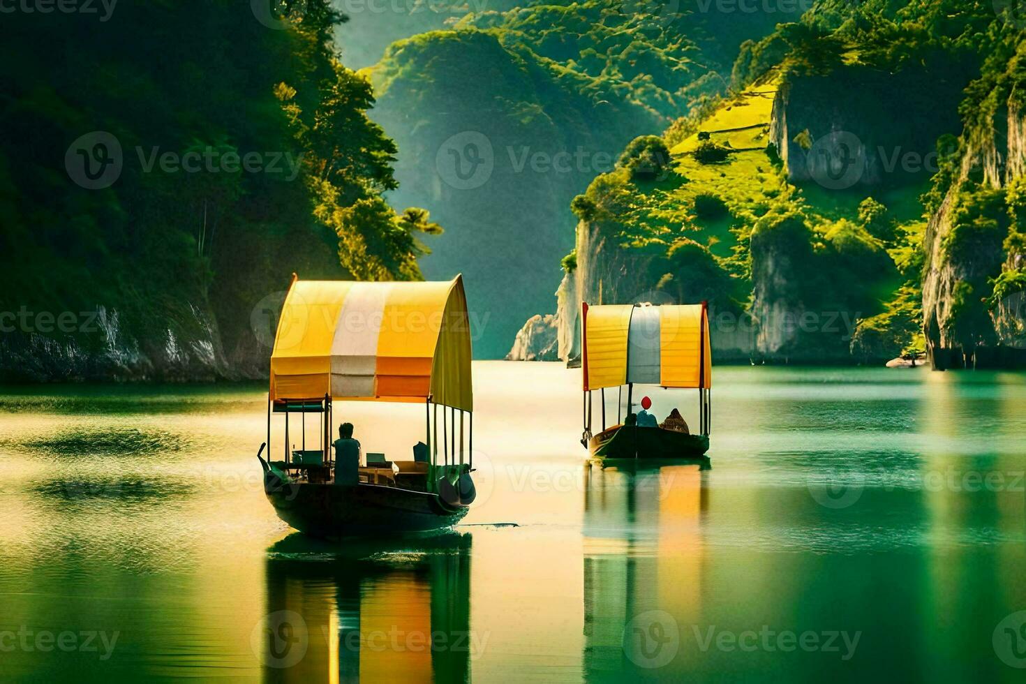 two boats floating on the water near a mountain. AI-Generated photo