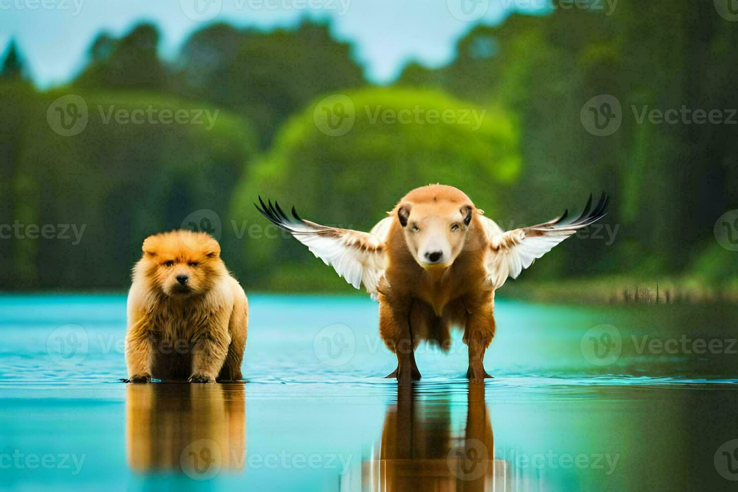 two dogs standing in the water with wings out. AI-Generated photo