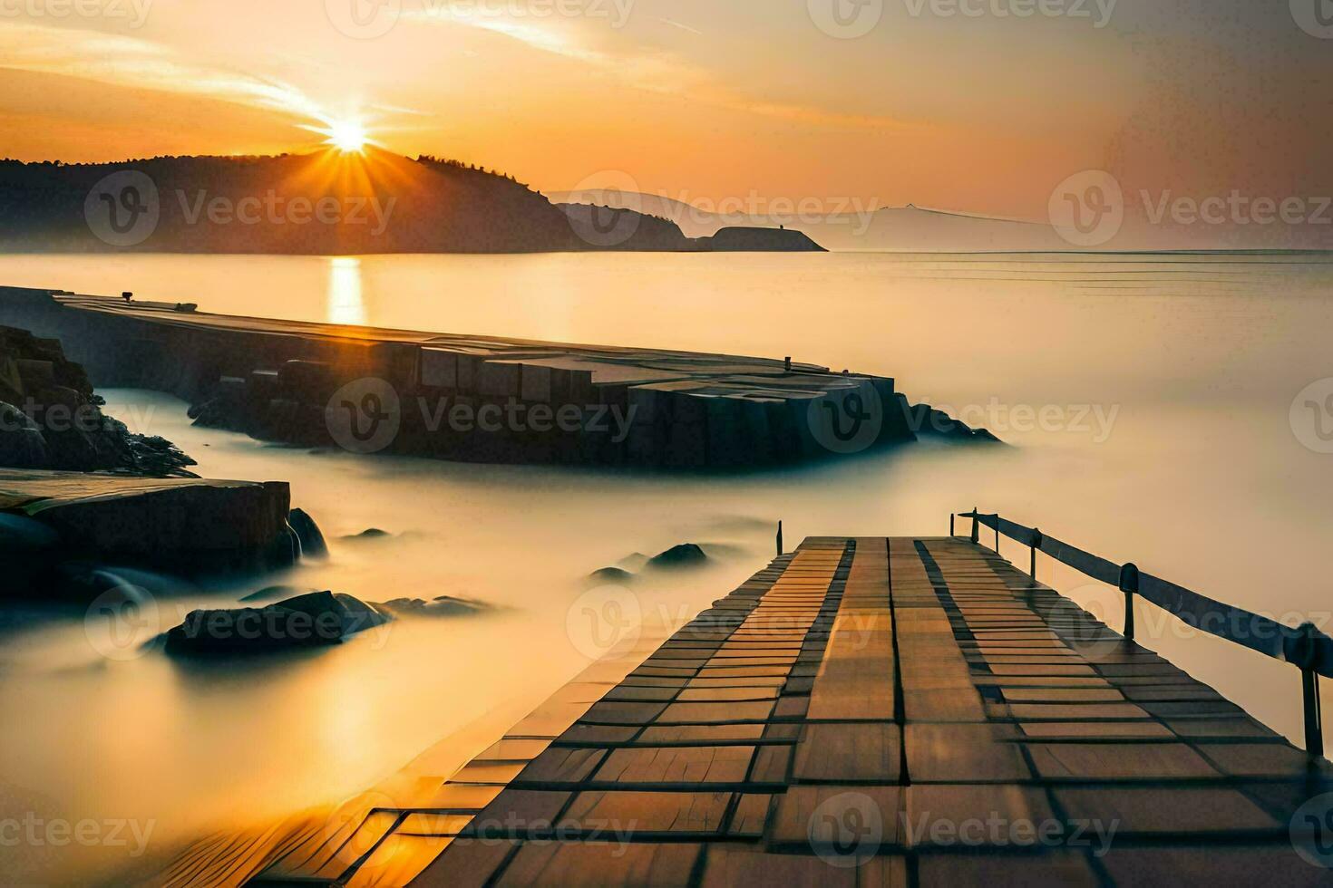 a long exposure photograph of a pier at sunset. AI-Generated photo