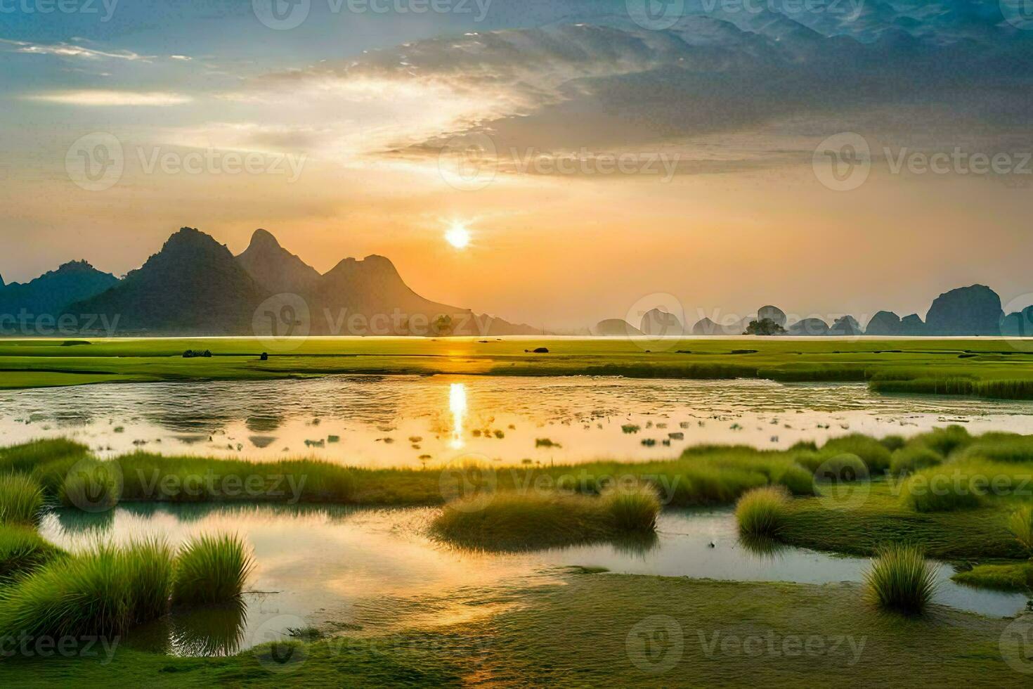 the sunrise over the li river. AI-Generated photo