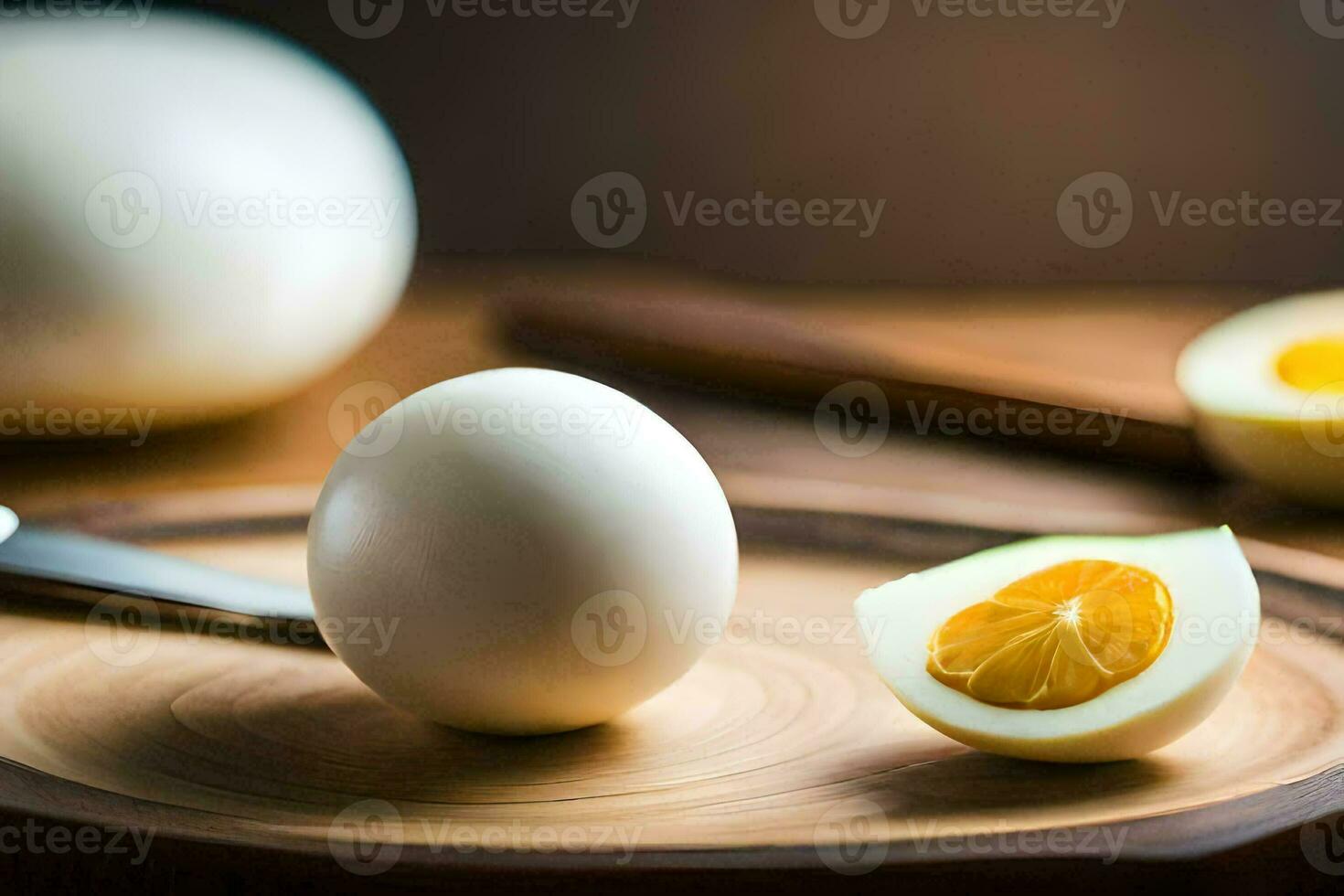 a white boiled egg on a cutting board. AI-Generated photo