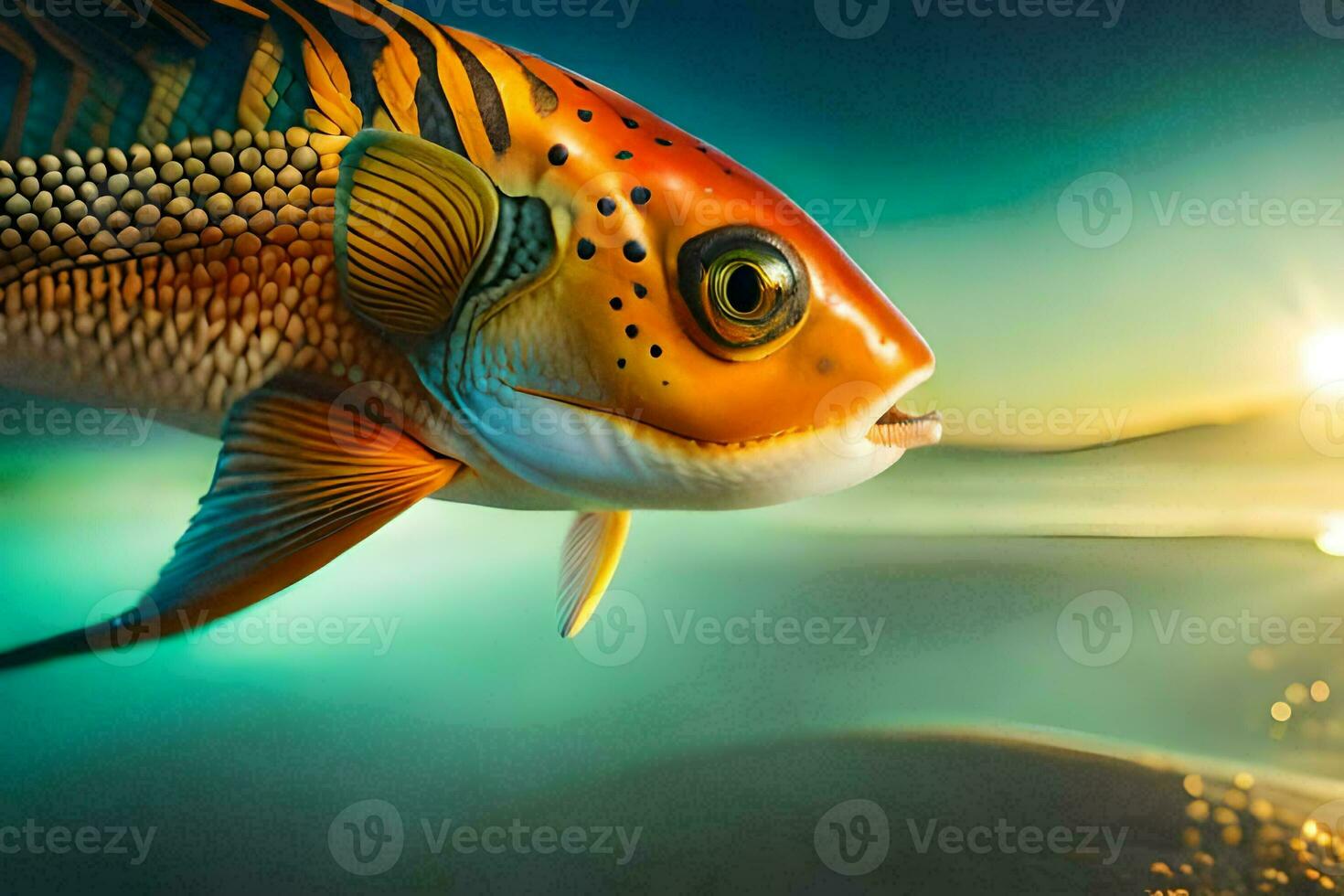 a fish with a yellow and orange body is shown in the water. AI-Generated photo