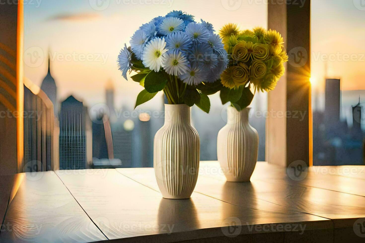 two vases with flowers sitting on a table with a city in the background. AI-Generated photo