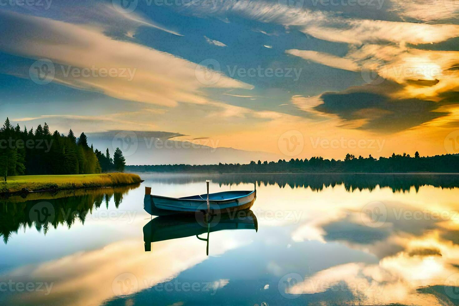 a boat is floating on a lake at sunset. AI-Generated photo