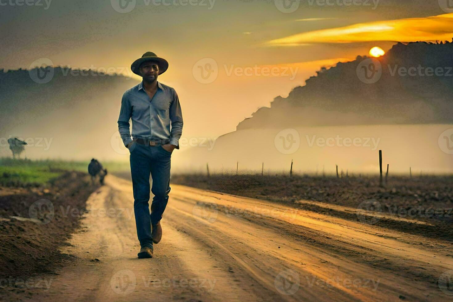 un hombre en un vaquero sombrero caminando abajo un suciedad la carretera. generado por ai foto