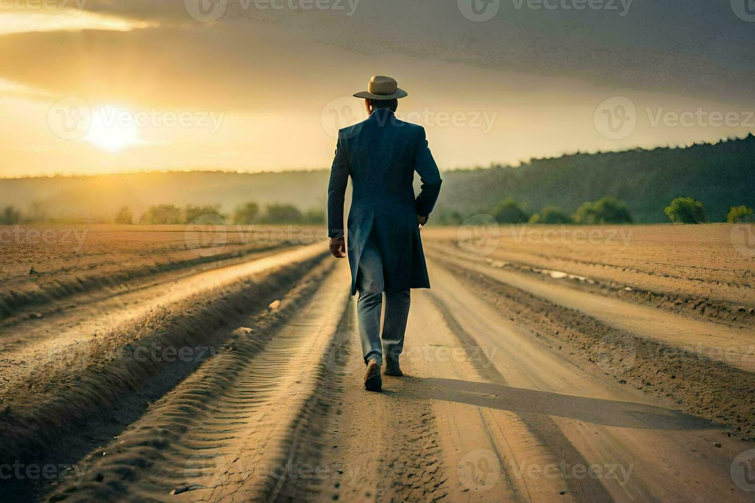 a man in a hat and suit walking down a dirt road. AI-Generated photo