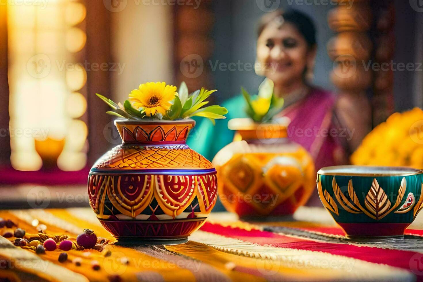 a woman sits in front of colorful vases and cups. AI-Generated photo