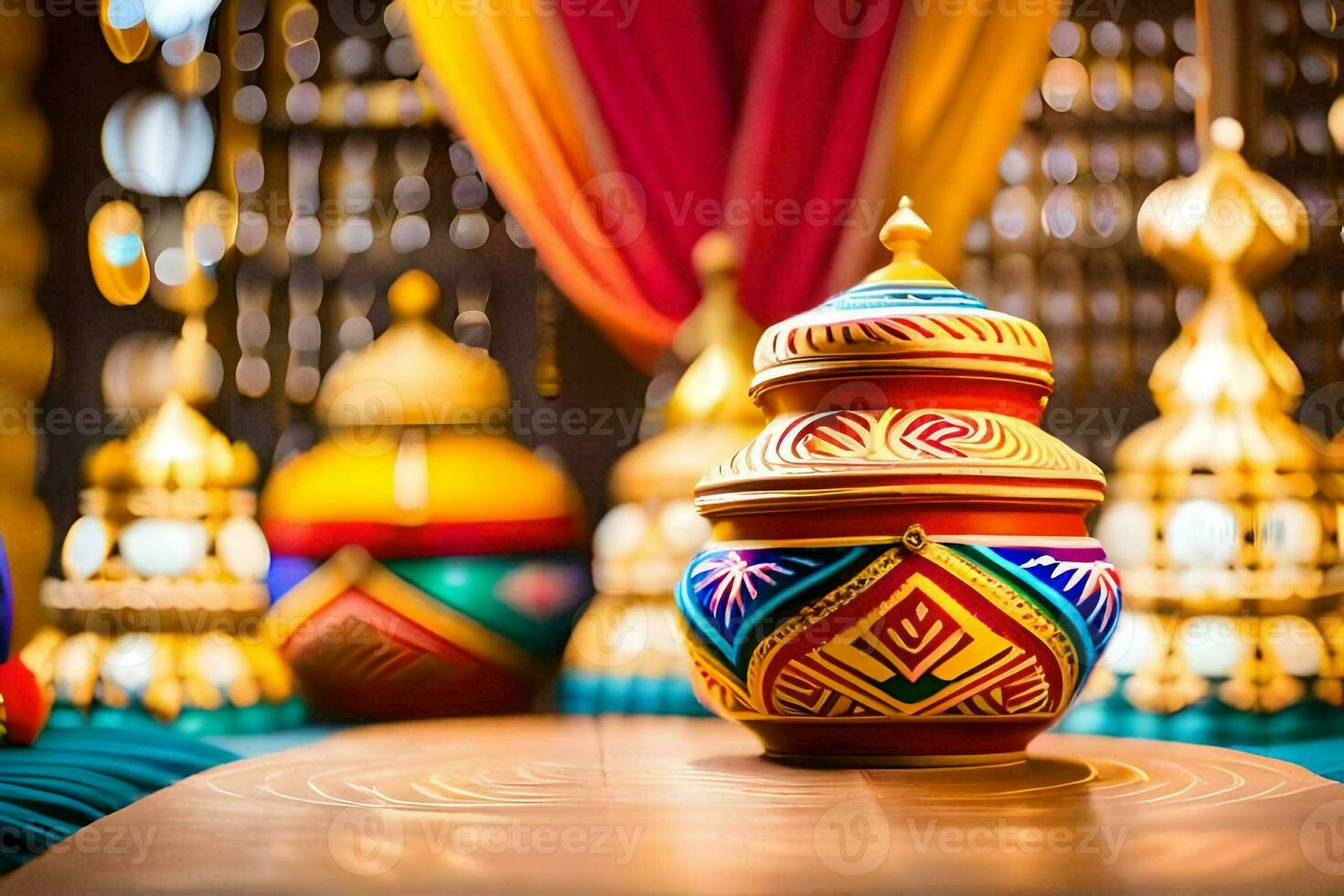 colorful vases on a table with colorful decorations. AI-Generated photo