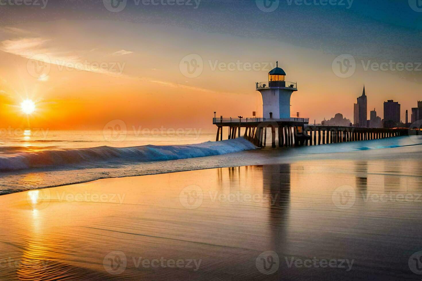 the sun sets over a lighthouse on the beach. AI-Generated photo