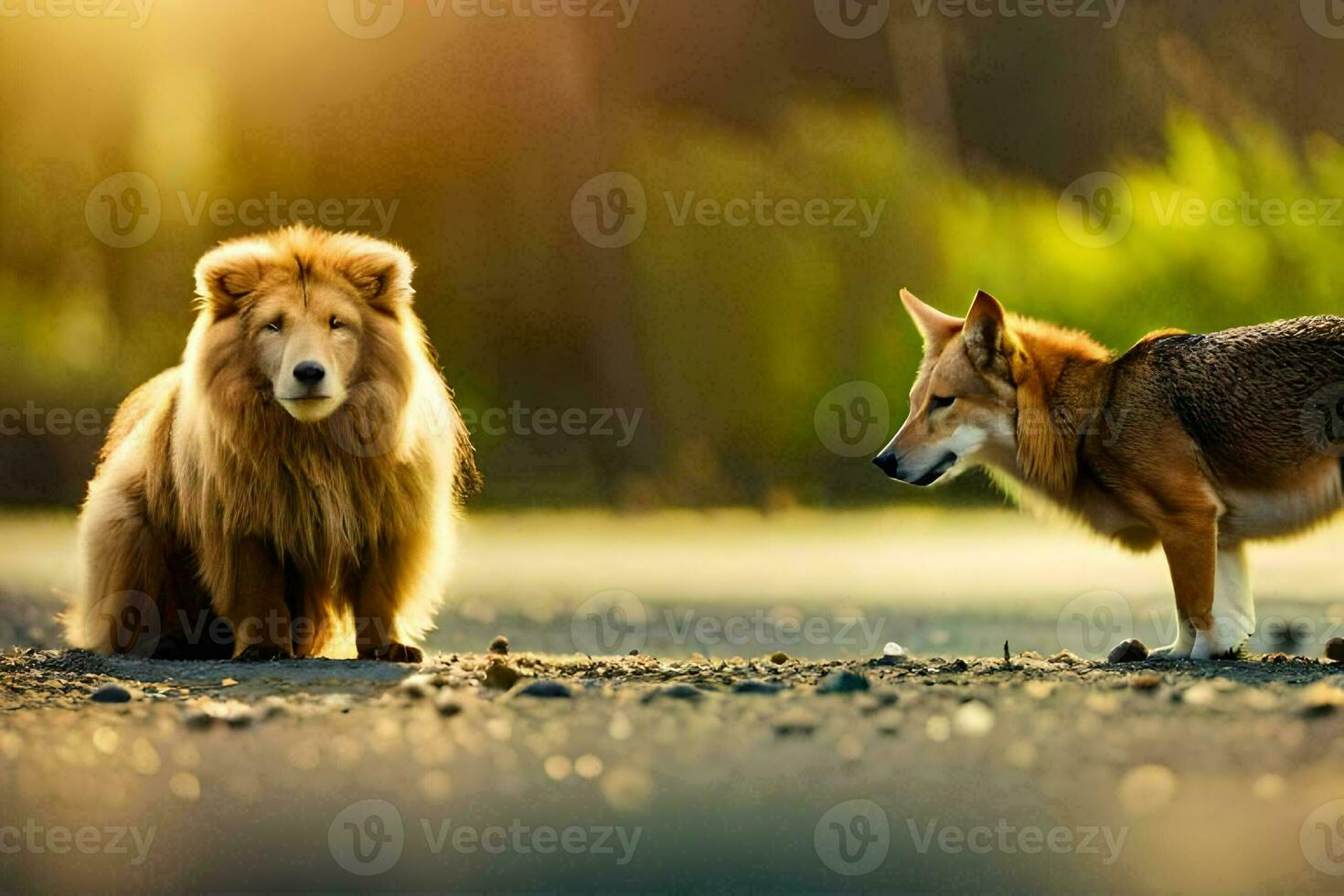 two dogs standing on the road in front of a forest. AI-Generated photo