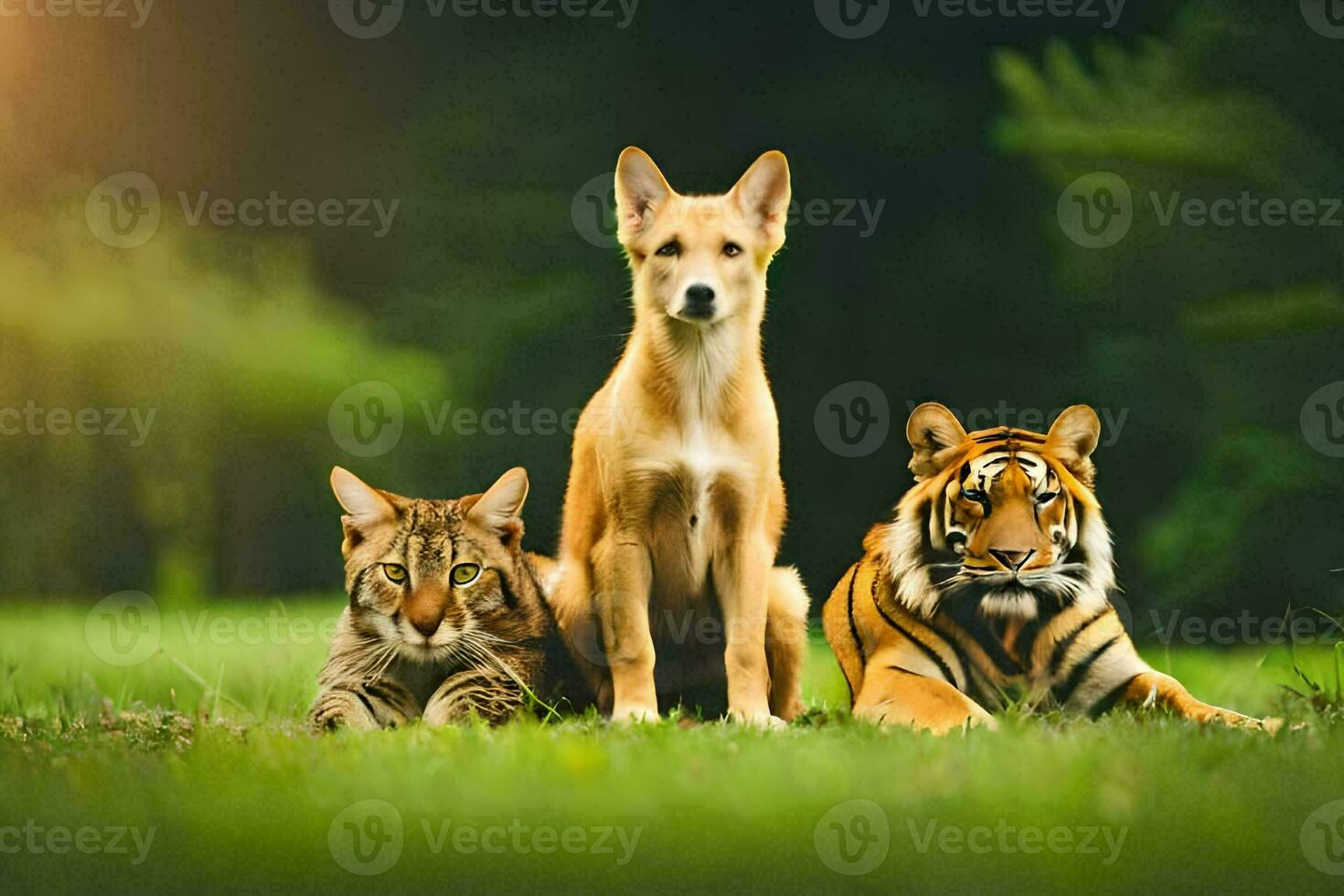 Tres perros y un Tigre sentado en el césped. generado por ai foto