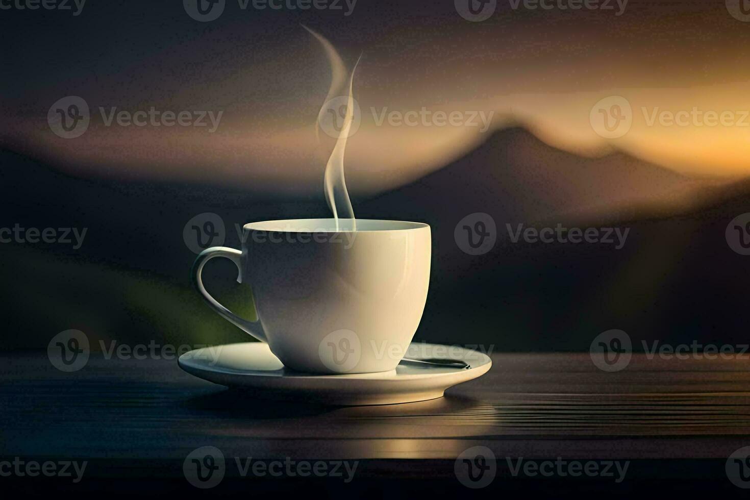 a cup of coffee on a table with mountains in the background. AI-Generated photo