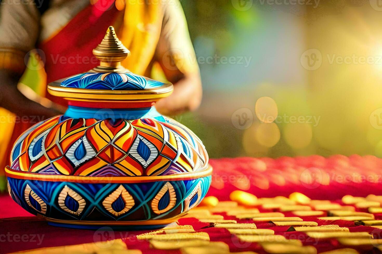 a woman is placing a colorful pot on a table. AI-Generated photo