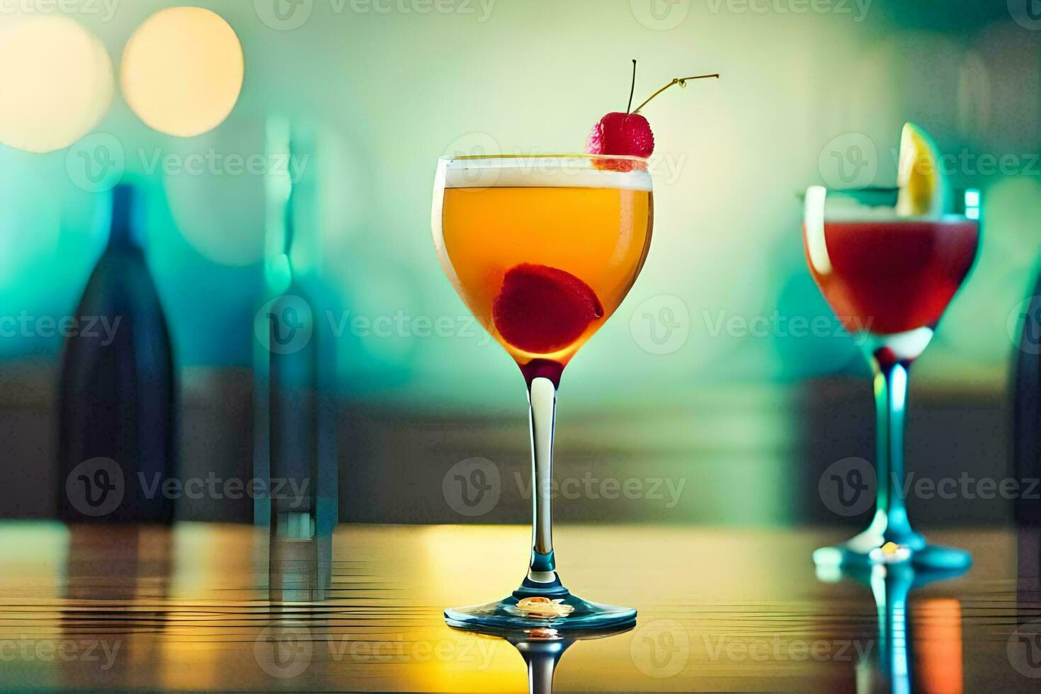 two glasses of cocktails sit on a table. AI-Generated photo