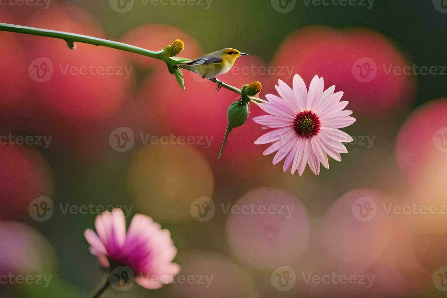 a small bird is perched on a pink flower. AI-Generated photo