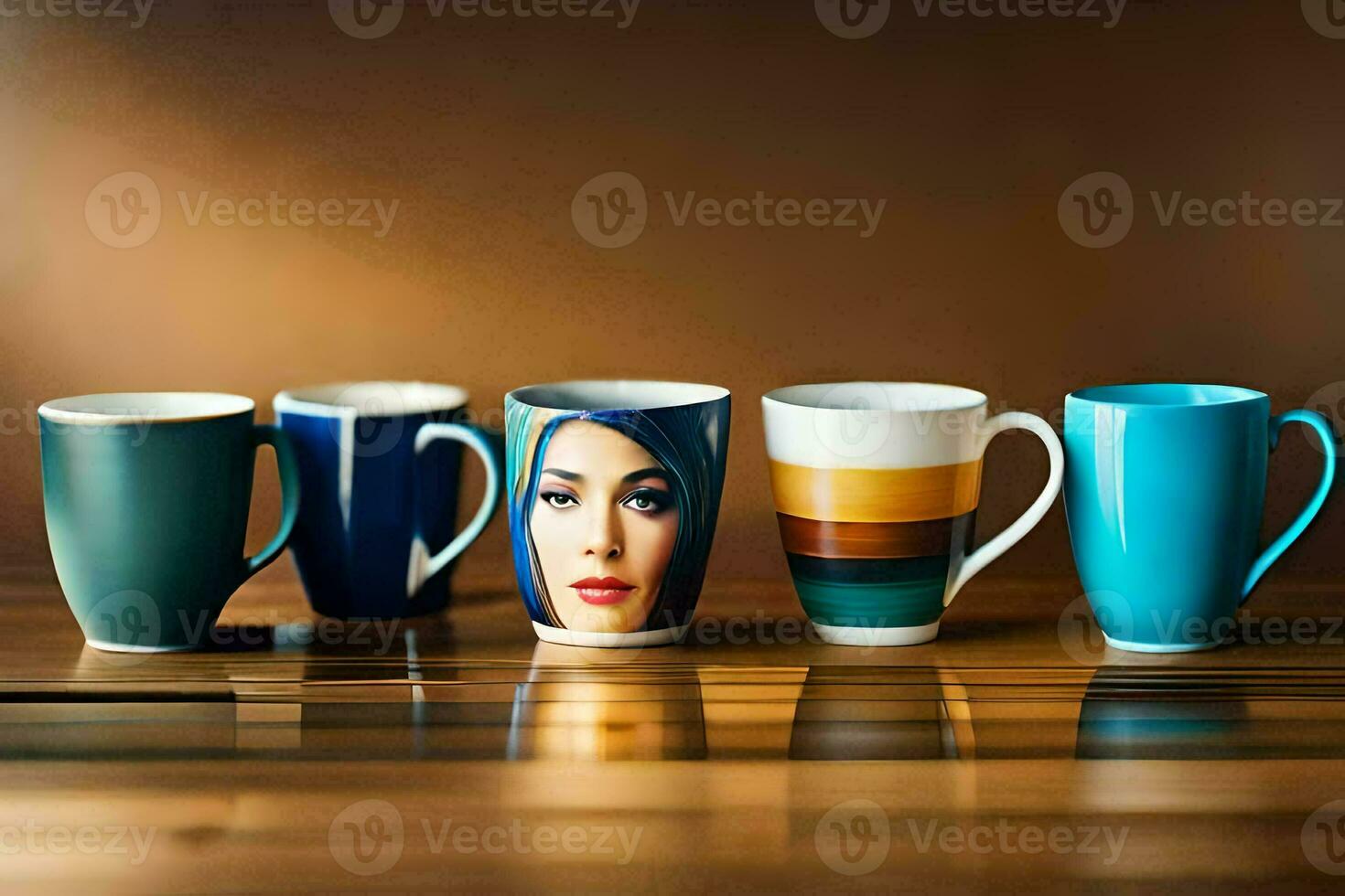 cinco café tazas con diferente diseños en a ellos. generado por ai foto