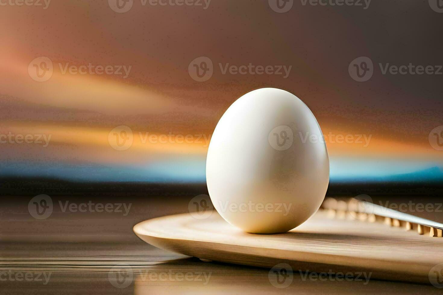an egg on a wooden cutting board with a sunset in the background. AI-Generated photo
