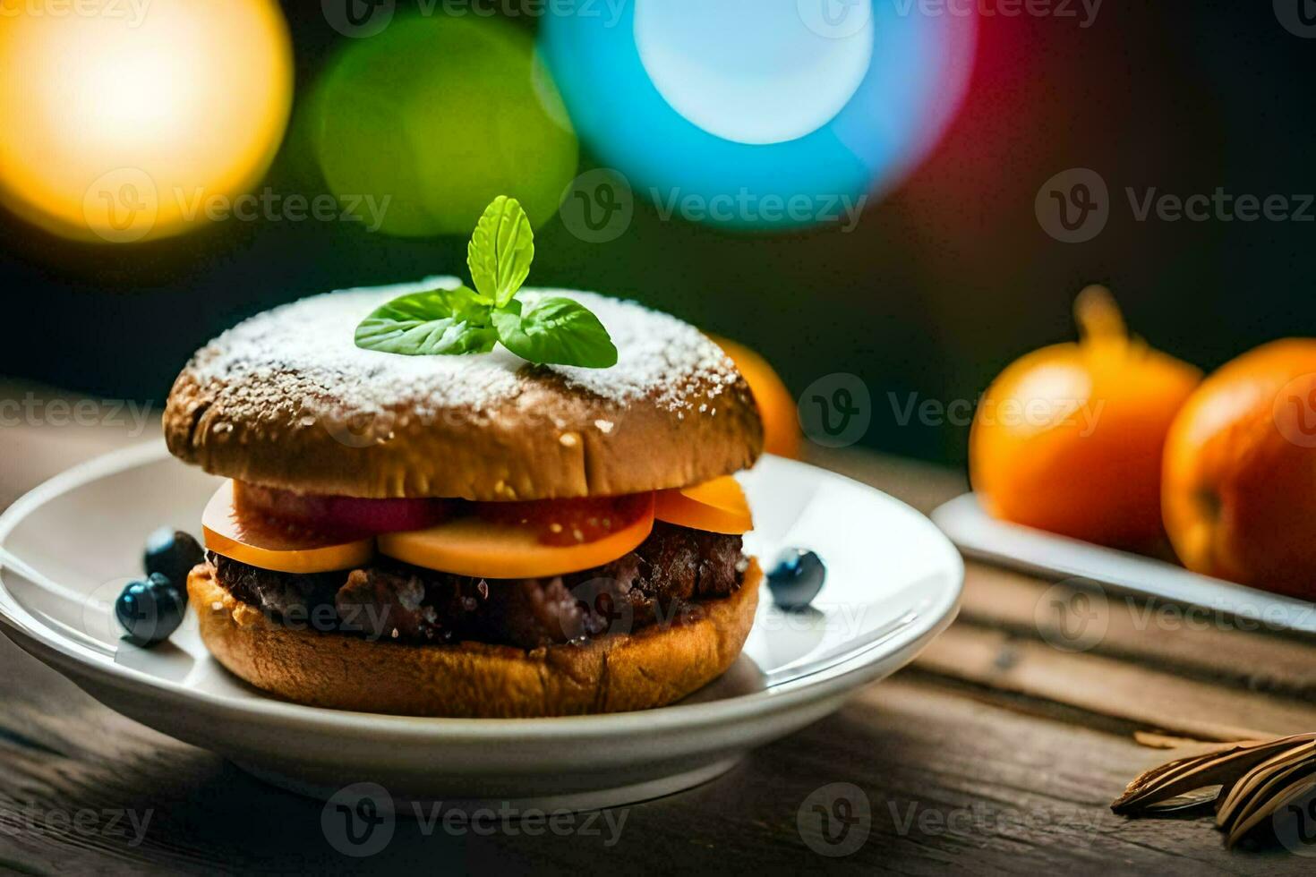 a hamburger with fruit and cheese on a plate. AI-Generated photo