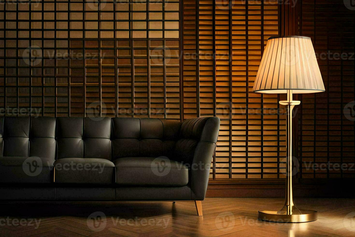 a black couch and a lamp in front of a wall. AI-Generated photo