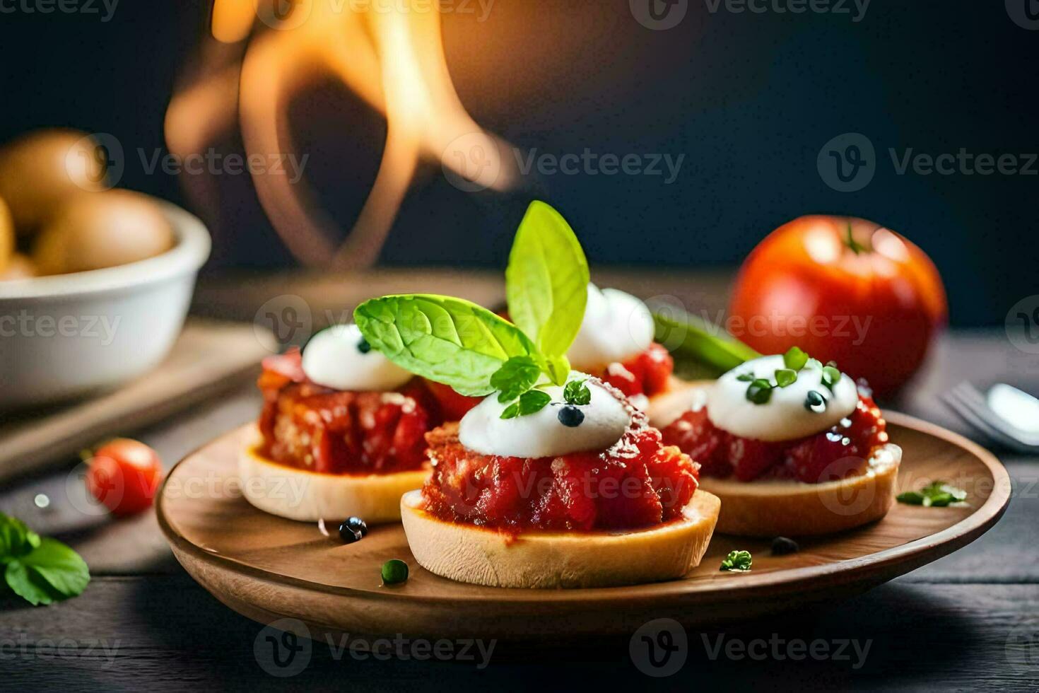 small appetizers with tomatoes and cheese on a wooden plate. AI-Generated photo