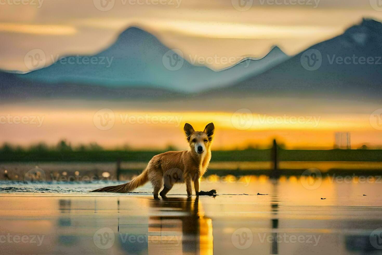 a fox stands in the water at sunset with mountains in the background. AI-Generated photo