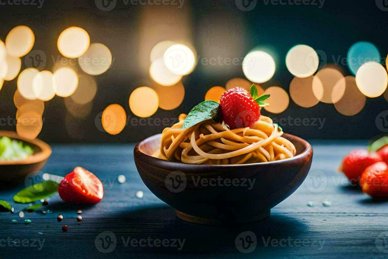 pasta with strawberries and basil on a wooden table. AI-Generated photo