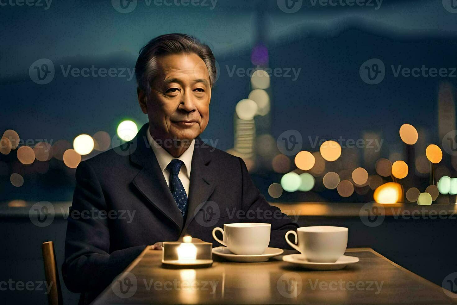 an asian man sitting at a table with two cups of coffee. AI-Generated photo