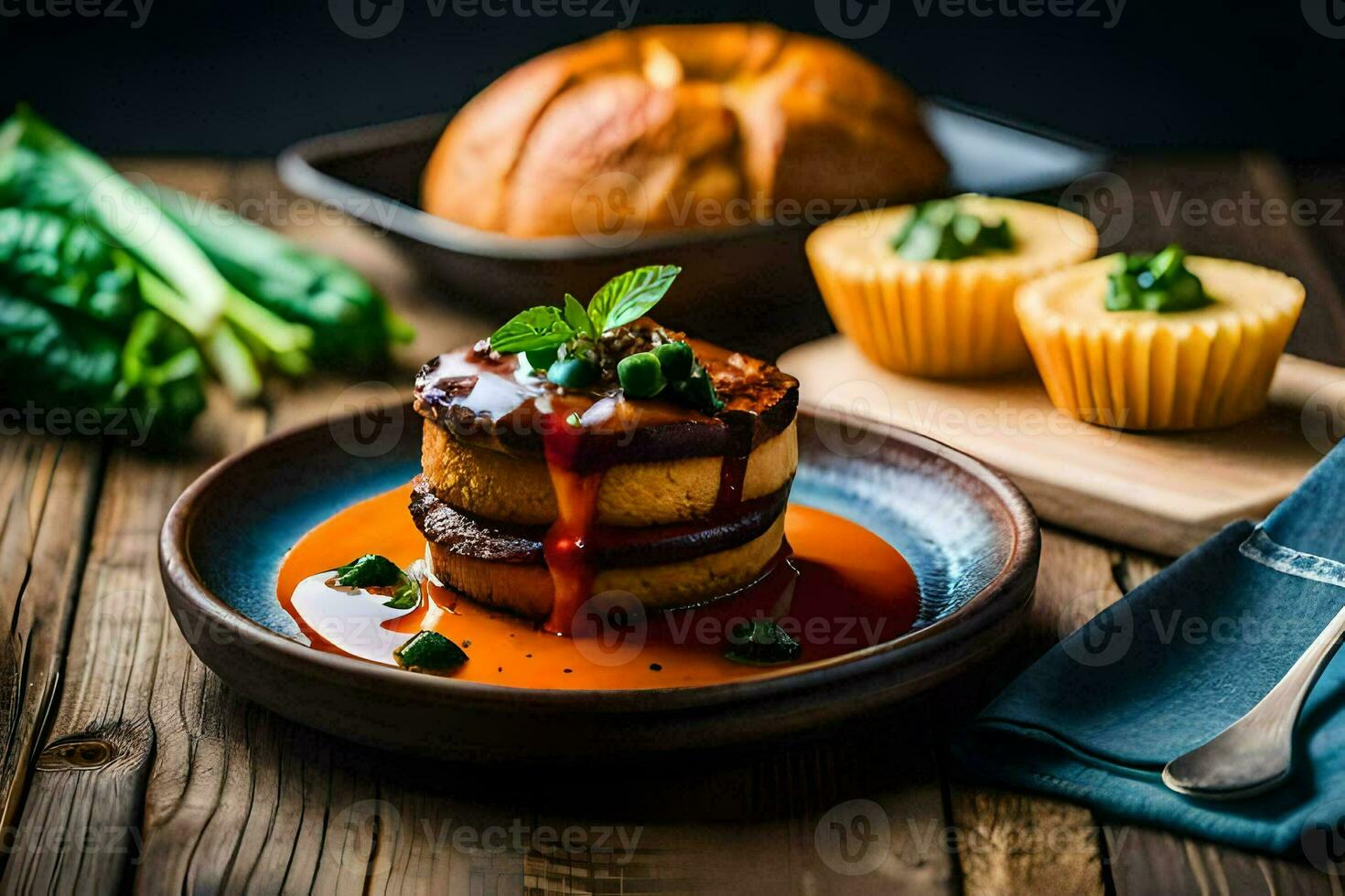 a plate with a cake and sauce on it. AI-Generated photo