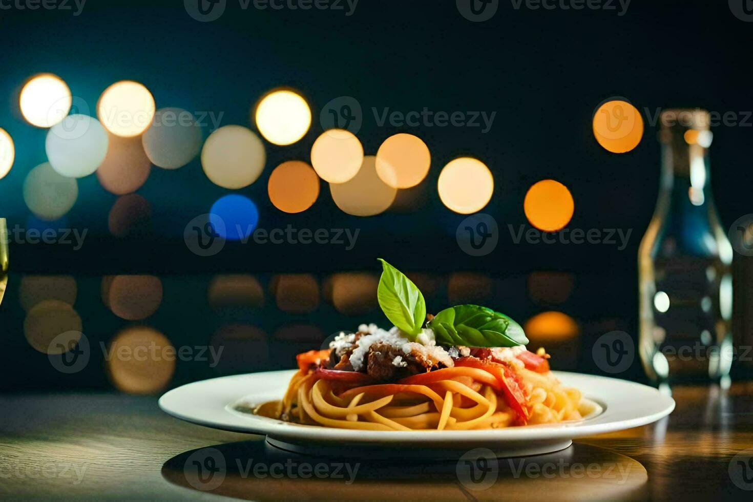 spaghetti with meat and tomato on a plate. AI-Generated photo