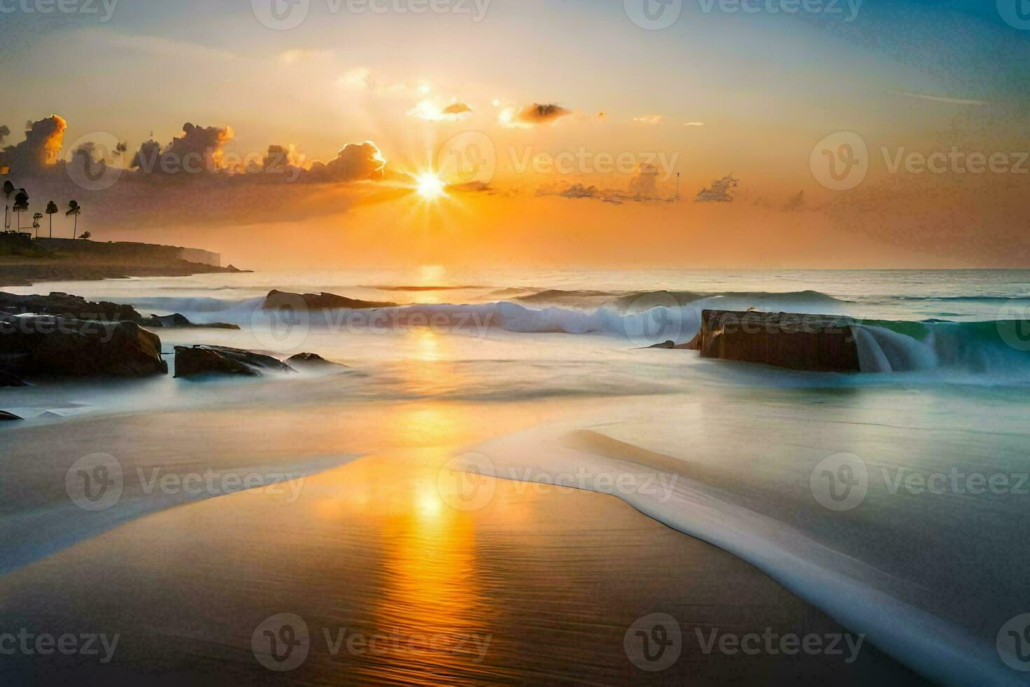 the sun rises over the ocean and waves crashing on the beach. AI-Generated photo
