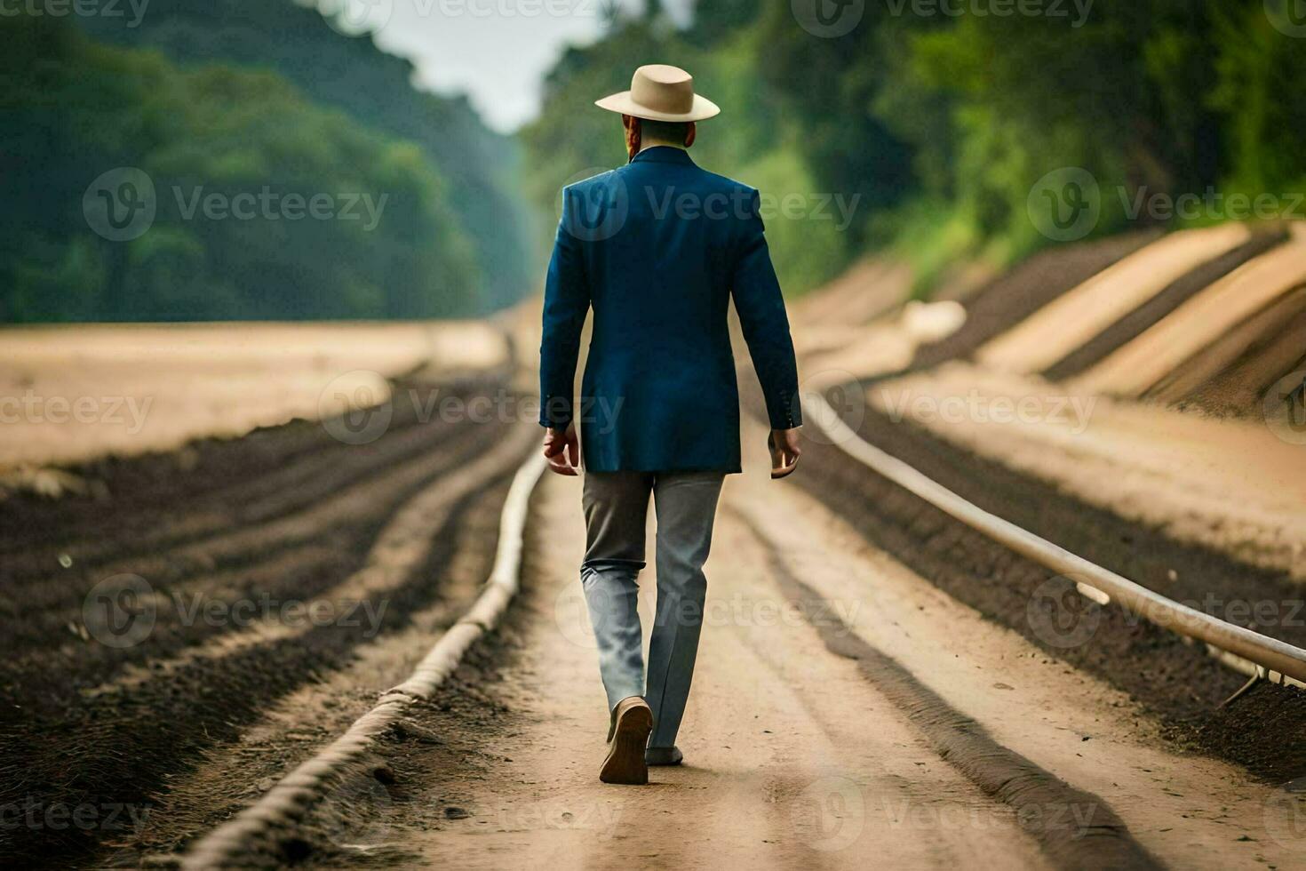 un hombre en un traje y sombrero camina abajo un suciedad la carretera. generado por ai foto