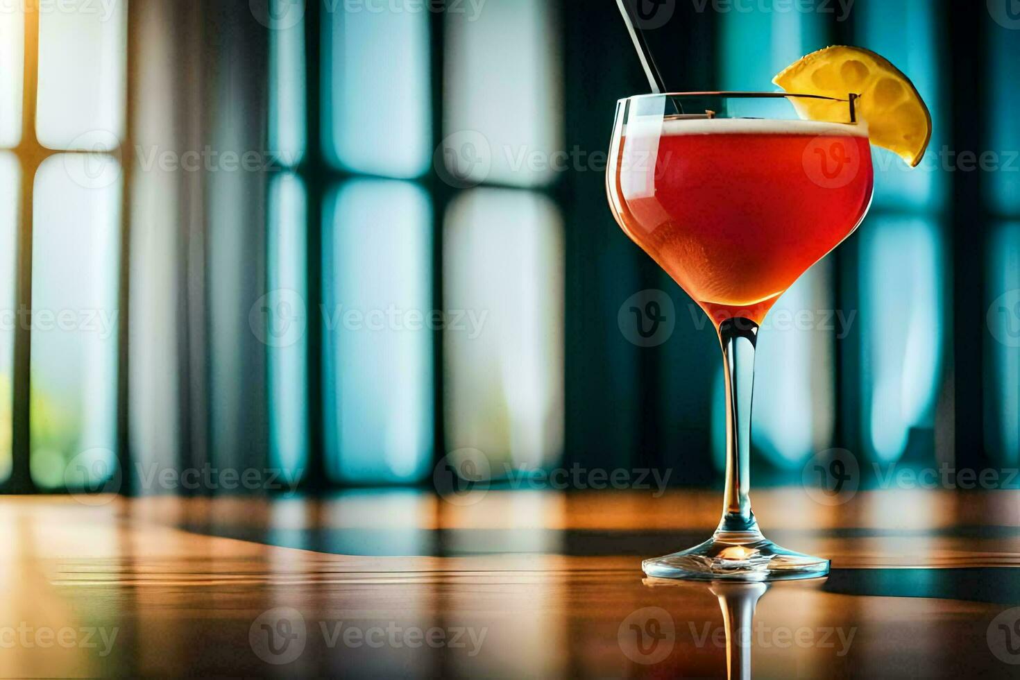 a red cocktail sitting on a table in front of a window. AI-Generated photo
