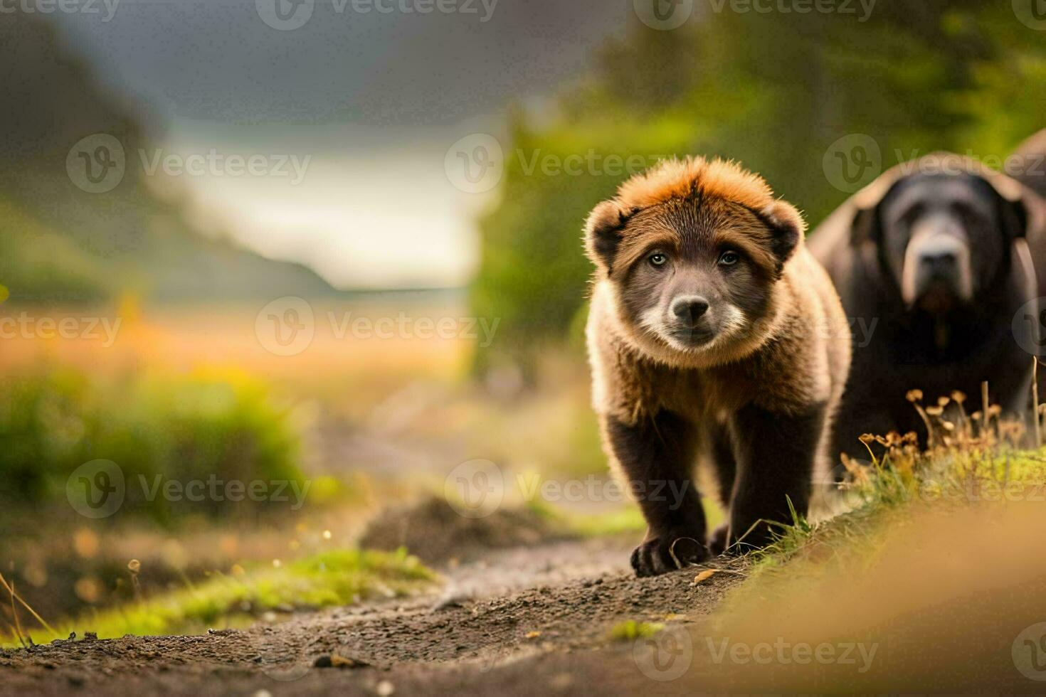 dos marrón osos caminando a lo largo un suciedad la carretera. generado por ai foto