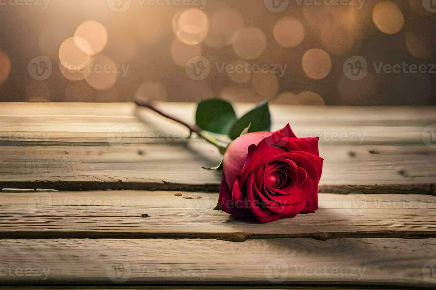 a single red rose on a wooden table with bokeh lights. AI-Generated  32144446 Stock Photo at Vecteezy