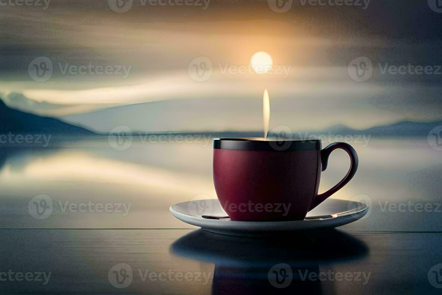 a cup of coffee on a table with a beautiful sunset. AI-Generated photo