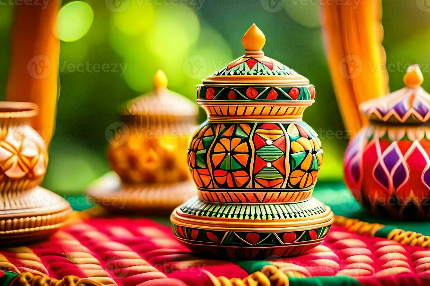 colorful indian pottery on a table. AI-Generated photo