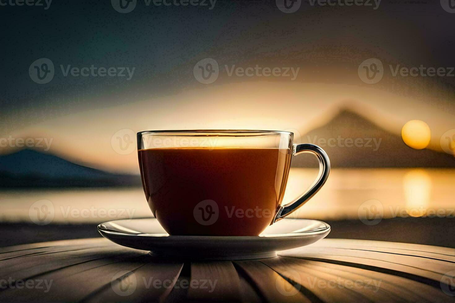 a cup of coffee on a table in front of a sunset. AI-Generated photo