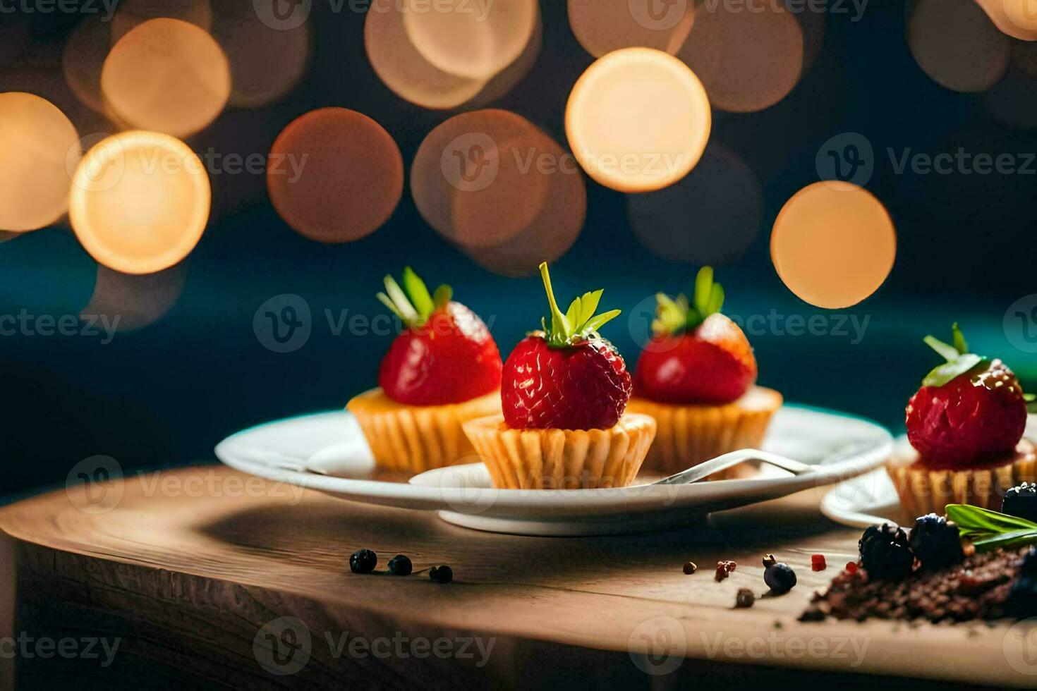 strawberries and berries on a plate with a bokeh background. AI-Generated photo