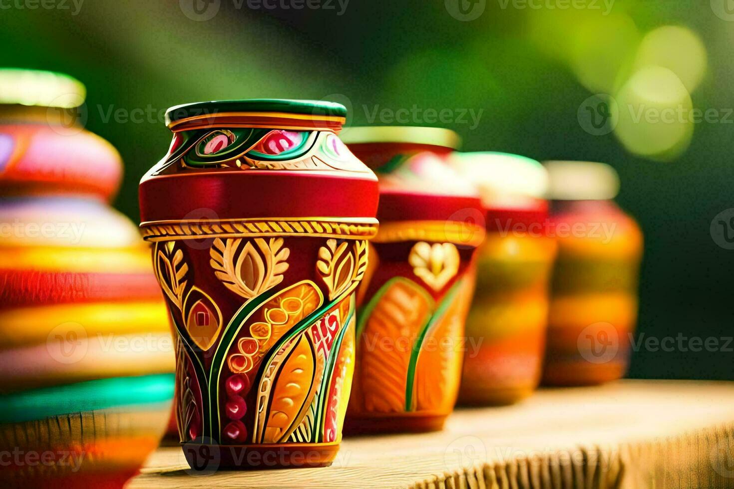 colorful vases on a wooden table. AI-Generated photo