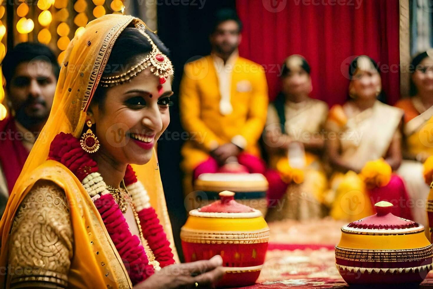 a bride in yellow and gold is smiling at the camera. AI-Generated photo