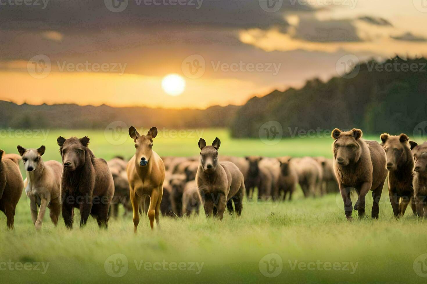 a herd of horses and cows in a field. AI-Generated photo