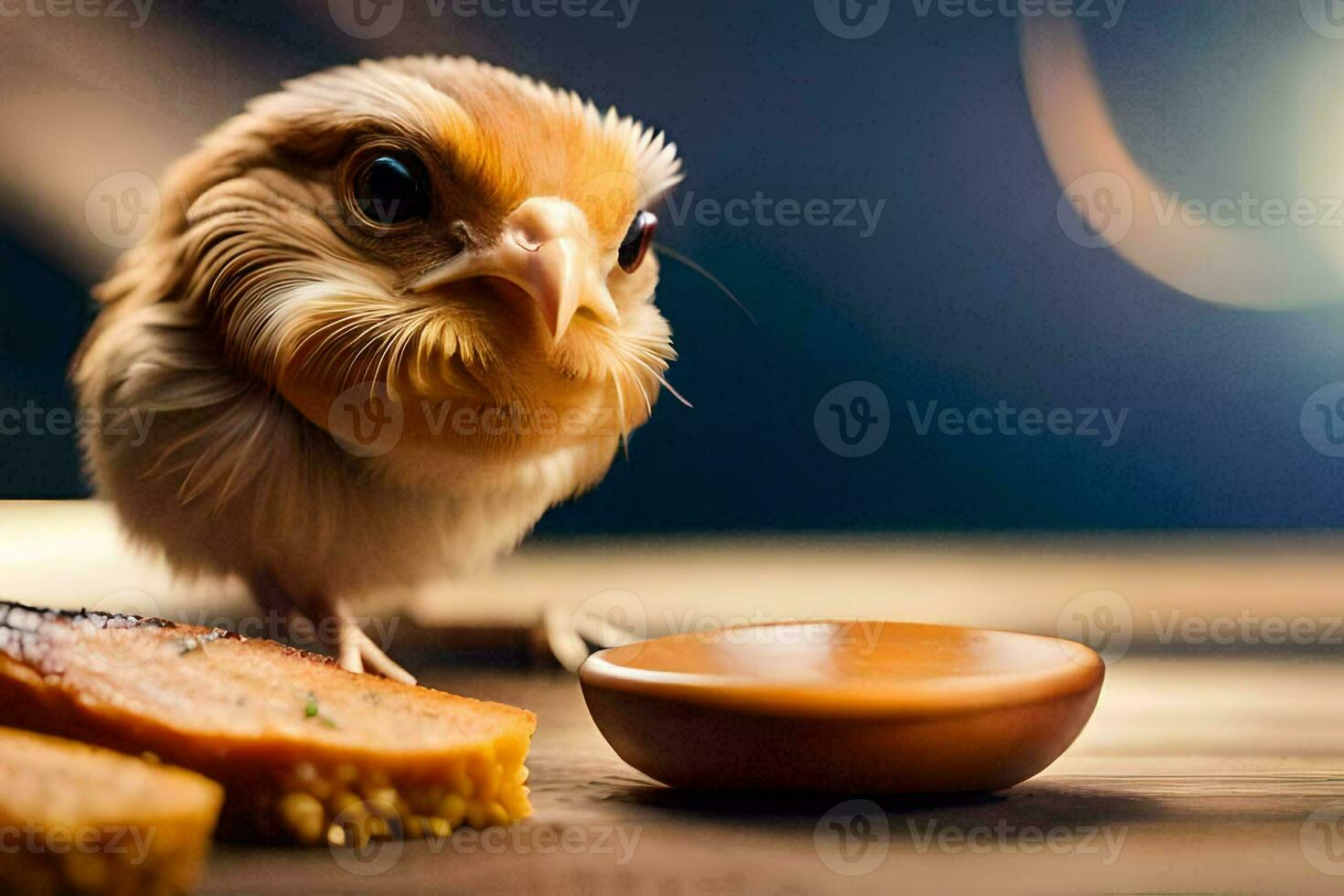 a small bird is standing next to a piece of bread. AI-Generated photo