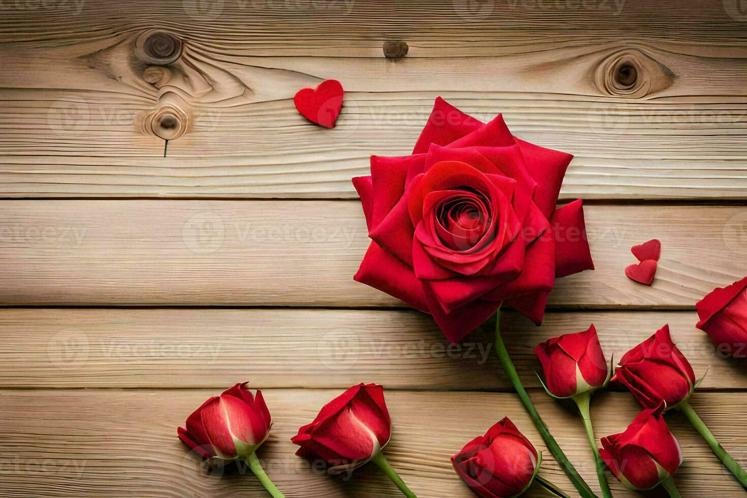 red roses on a wooden background. AI-Generated photo