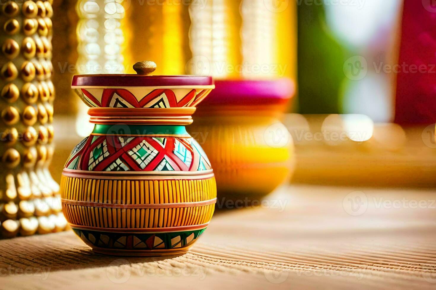 colorful vases on a wooden table. AI-Generated photo