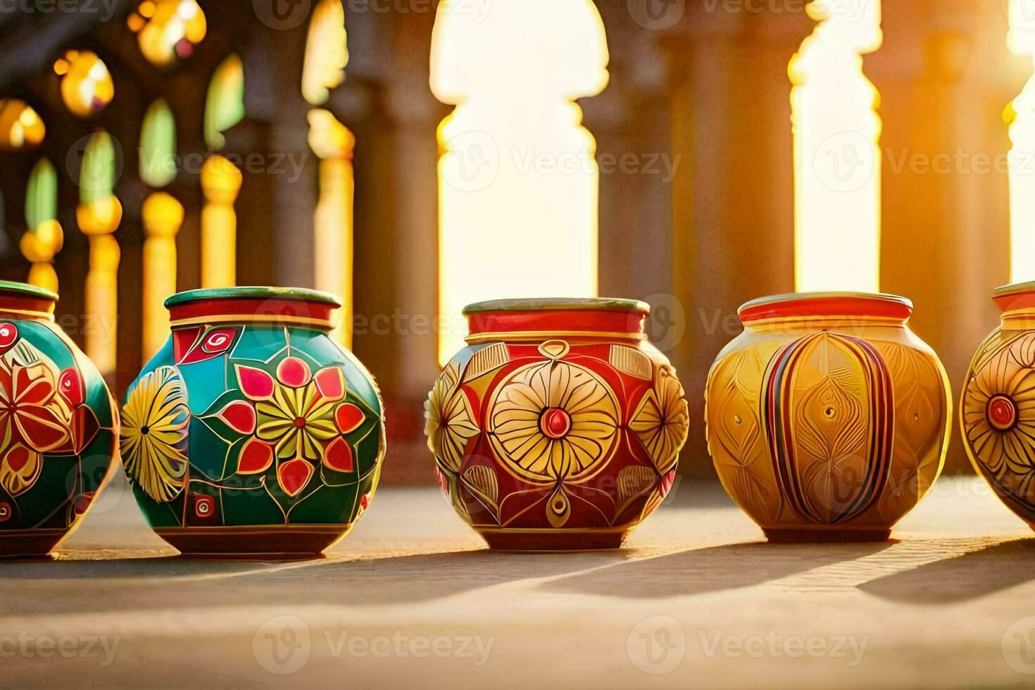 colorful vases lined up in front of a building. AI-Generated photo